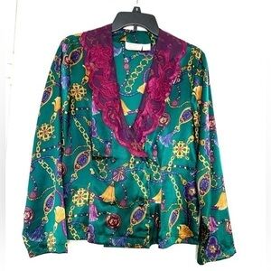 Victoria Secret Vintage Pajama Top Blouse Equestrian Gold Chain Teal Purple S